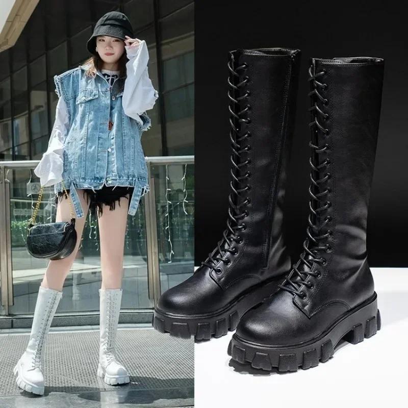 Fashion Women's Mid Calf Boots Padded Shoes Knee High Winter Sneakers Punk Style Military Casual White Black 2024 Lucury Platform Woman