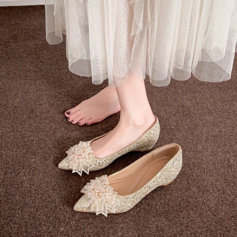 Champagne sequins heightening single shoes show and main wedding dress two wear French bridal shoes can be worn daily bridesmaid shoes