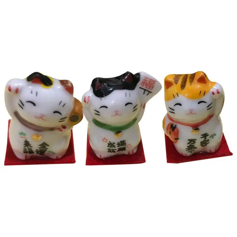 3pcs Lucky Cat Home Decor Ceramics Crafts Ornaments Desktop Decoration Creative Tabletop Adornment for Living Room Office