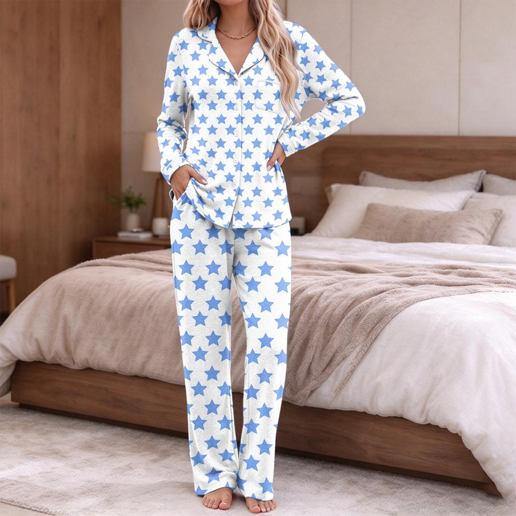Women's Fashion Print Pajama Set Long Sleeve Button Down Top and Pants with Pockets V-Neck Set