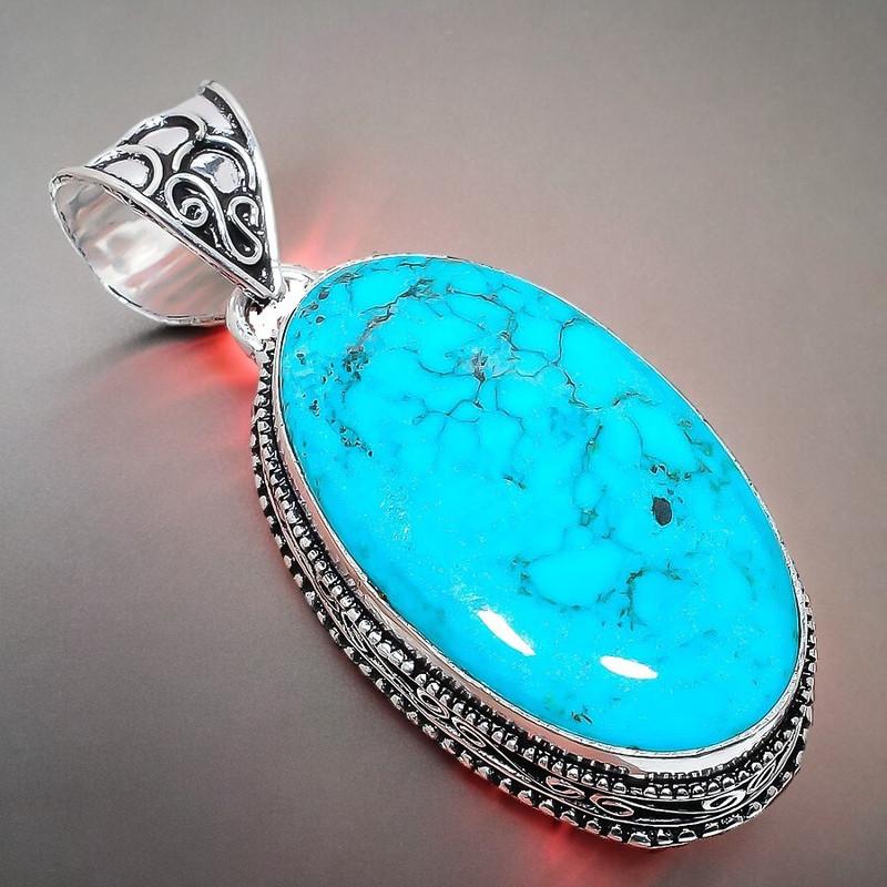 Tibetan Turquoise Gemstone Handmade 925 Sterling Silver Jewelry Pendant 2.17" AH-812