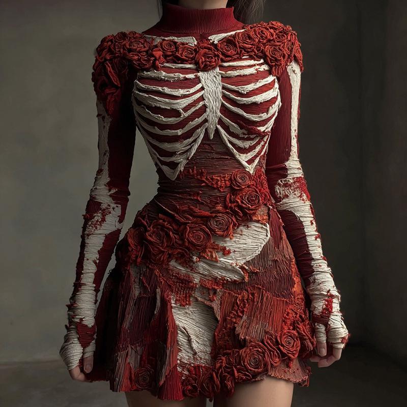 2025 Halloween European & American Street Style 3D Skull Print Short Sleeve Sweater