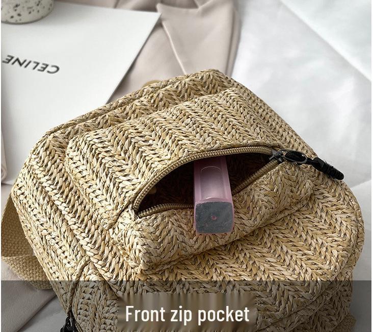 Ethnic Style Double-Layer Zipper Straw Backpack