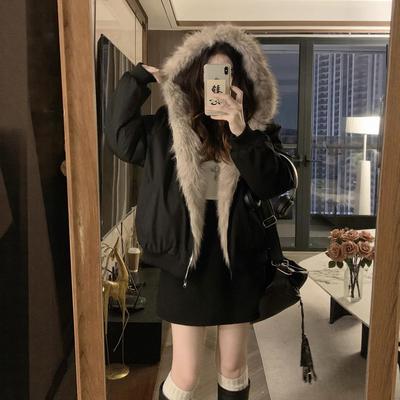 Winter New Two-sided Hooded Cute Short Splicing Casual Trend Loose Cotton Coat Women