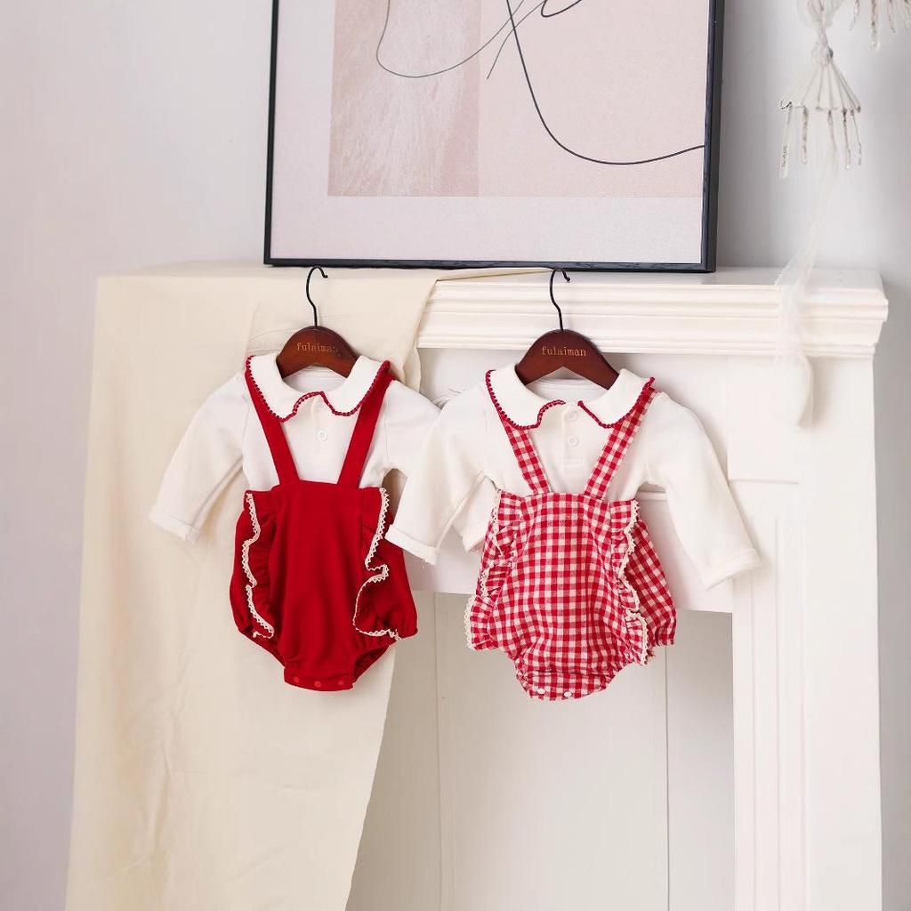2025 Autumn Korean Style Baby Girl Long Sleeve Outfit - 1 Year Old Full Moon Overalls Set