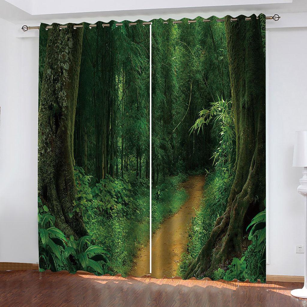 Deep Green Forest Children'S Style 3D Fashion 2 Pieces Boys Kid Window Blackout Curtain Living Room Bedroom Decor
