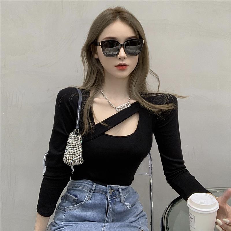 

2025 Autumn Hollow Design Solid Color Slim Fit Long-Sleeve Women’s T-Shirt Medium чёрный