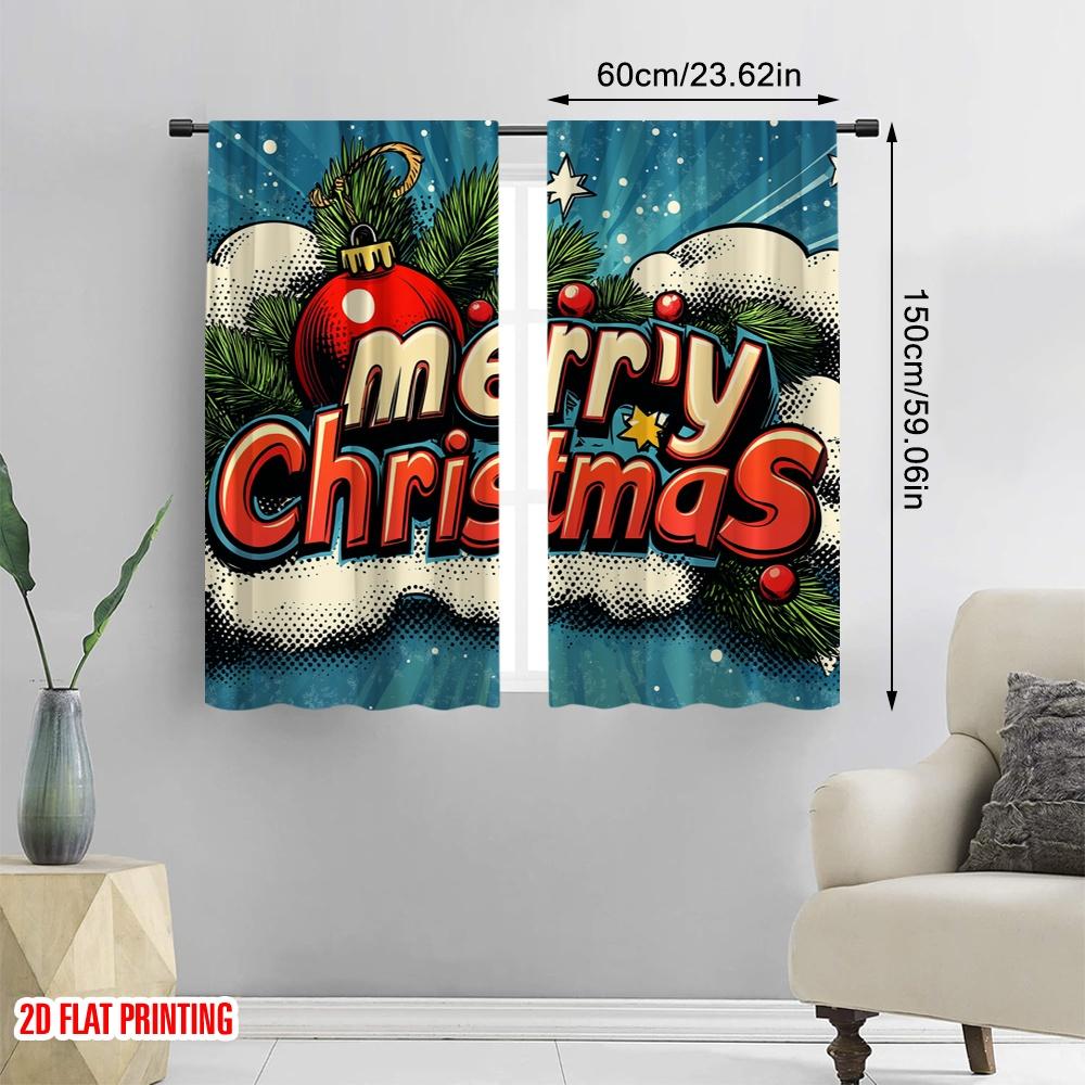 2pcs,2D Plane Printing Curtains Roller Blinds Christmas Pine Bauble Retro (2) 100% Polyester (without Rod) Home Decor for