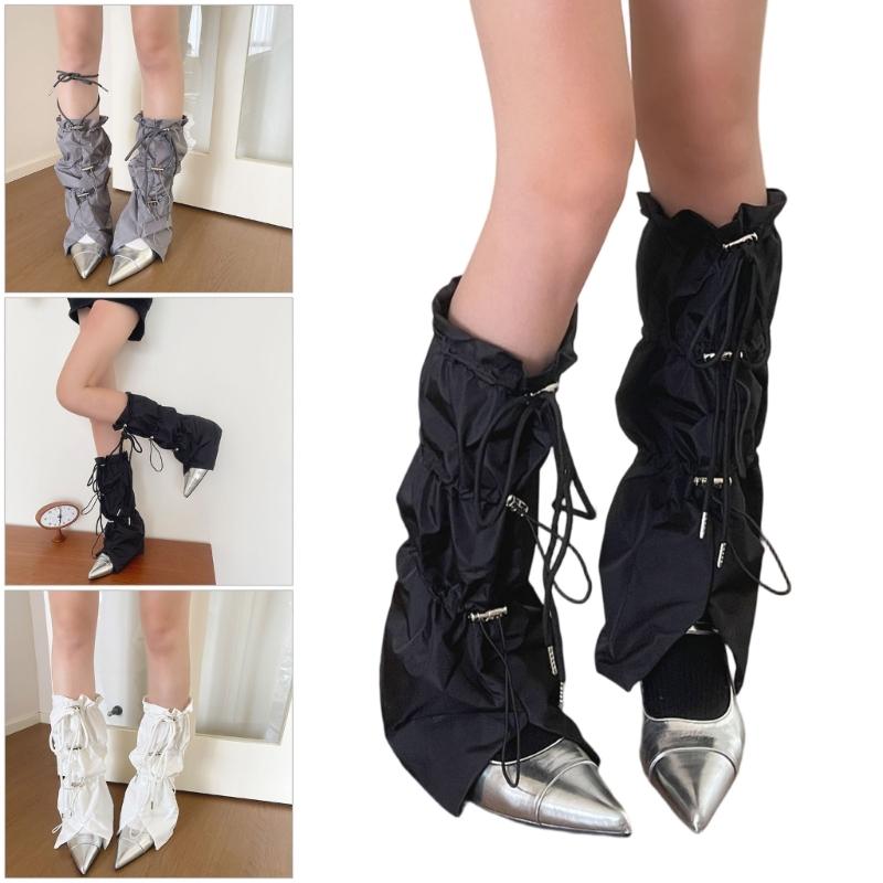 Women Harajuku Leg Warmer with Adjustable Drawstring Punk Flared Long Socks Grunge Baggy Loose Foot Cover Streetwear