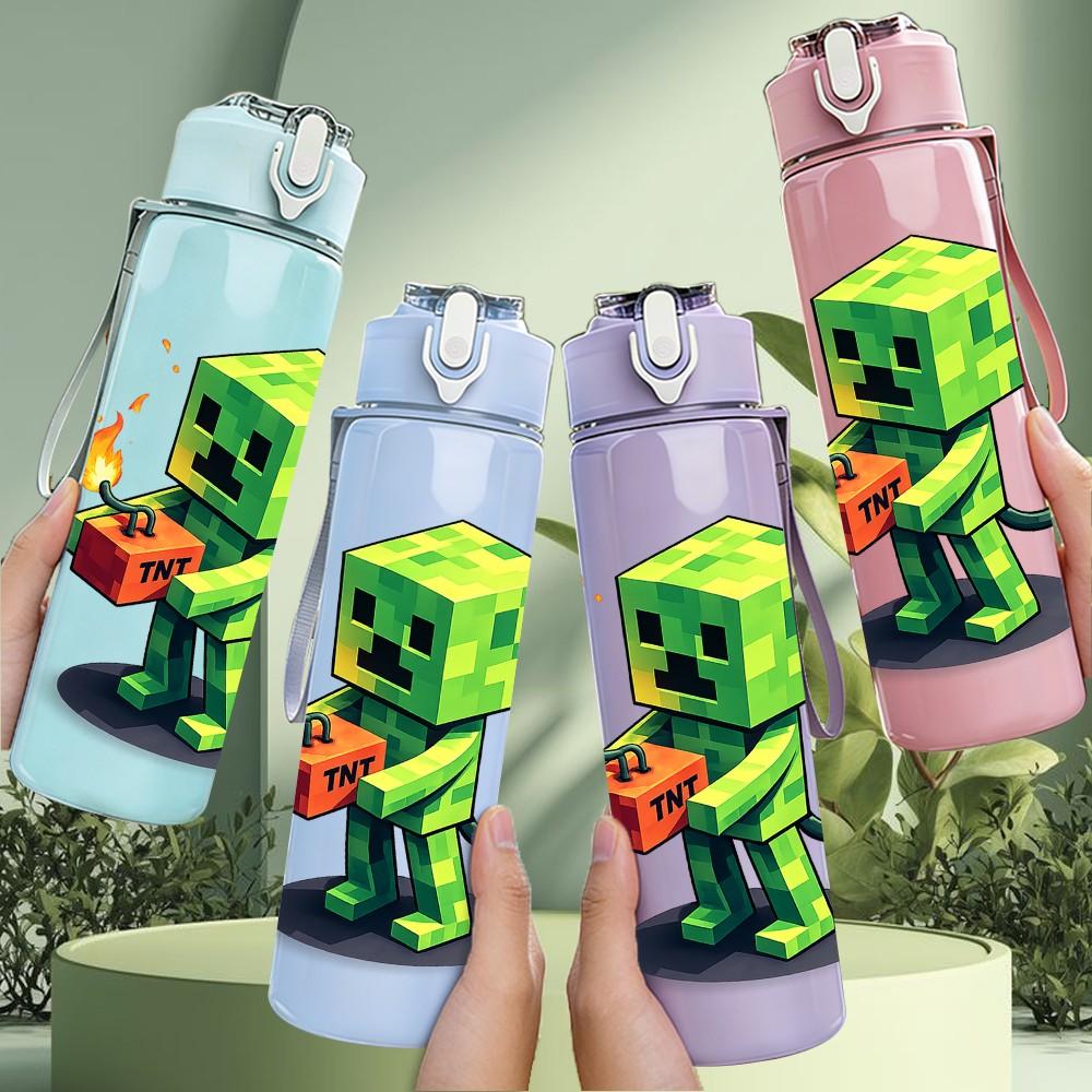 1PC Green Creeper Block Game Character Print 750ml Color Plastic Sports Water Bottle Leakproof Flip Straw Lid Suitable for Sports Office Home Use