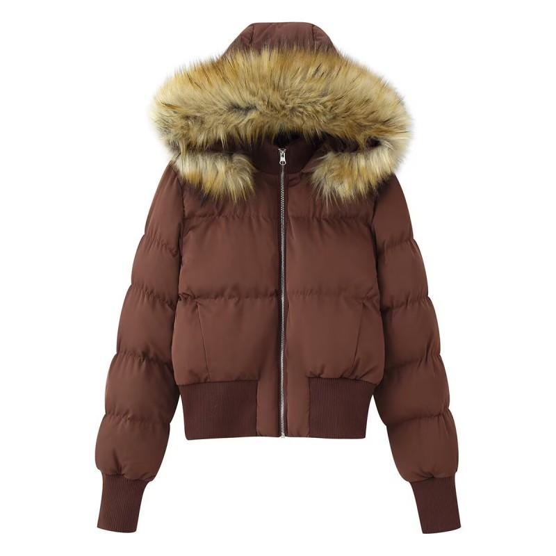 Womens Winter Hooded Cotton-Polyester Jacket With Faux Fur Trim Casual Coat Short Length