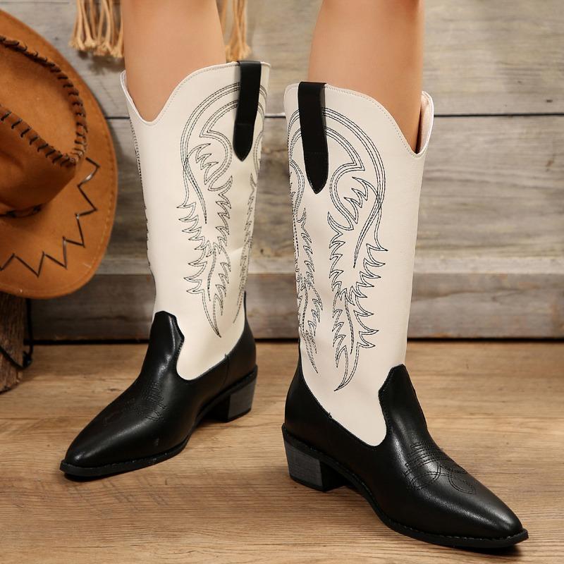 

Женские ковбойские сапоги в западном стиле, на толстом каблуке, осенне-зимние, с вышивкой, облегающие, на среднем каблуке, с острым носком, в цветовой гамме, сапоги-рыцари 43 белый