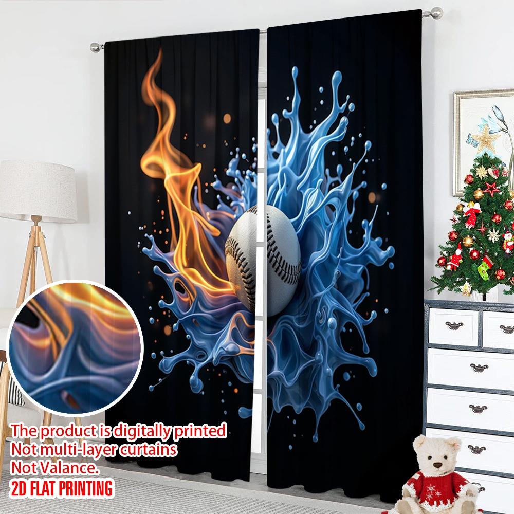 Flat Printing Curtain Fire Water Soccer Ball Digital Printed Polyester Drapes Festive Holiday Use Door Wall Yard All Curtains Set Of 2 Made