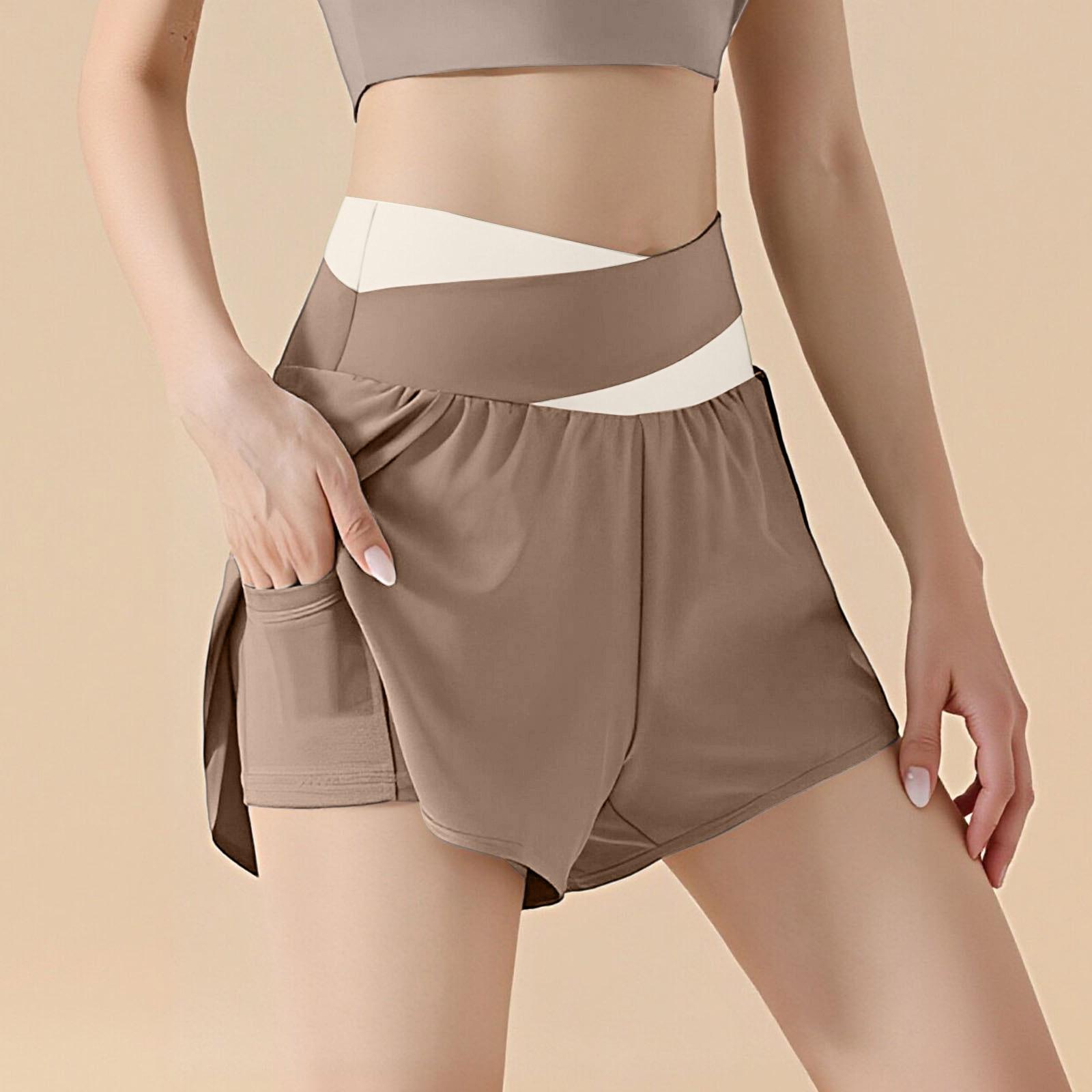Women s High Waist Two-in-One Sports Shorts with Inner Layer and Side Pocket Loose Fit Running Fitness Yoga Shorts M