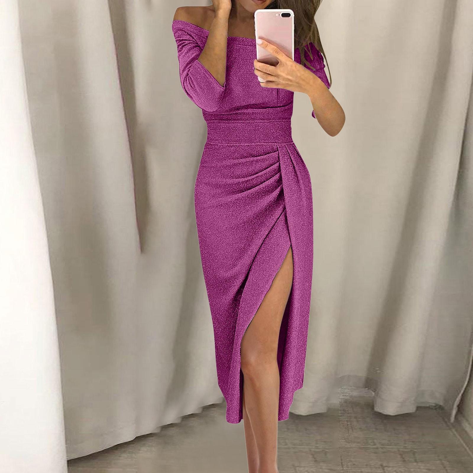 

Женское модное сексуальное облегающее платье без бретелек с высоким разрезом и половиной рукава XXXL фиолетовый