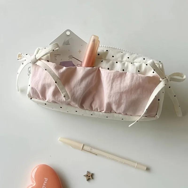 Cute Polka Dot and Strawberry Milk Pencil Case - White with Pink Accessories Heart-shaped Bow Design, Zipper Compartment