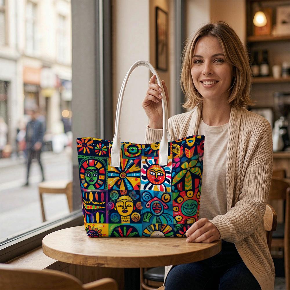 Vibrant Ethnic Totem Print Tote Bag Casual Large Capacity Portable Daily Shopping Shoulder Bags for Women