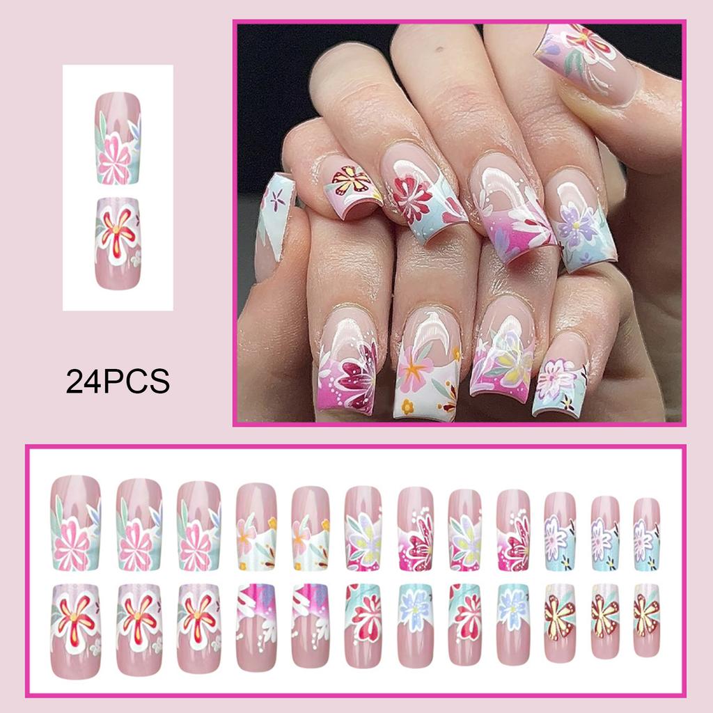 French Flower Design Press On Nails 24 Pieces Resin Material Elegant Style