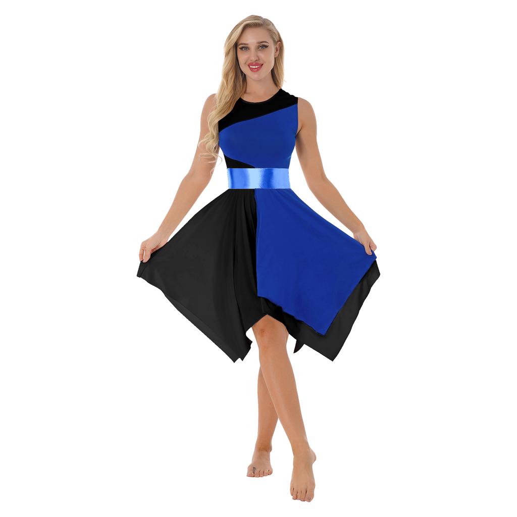 Ladies Sleeveless Color Block Dance Dress Round Neck Asymmetrical Hem Design Prom Party Performance Gown