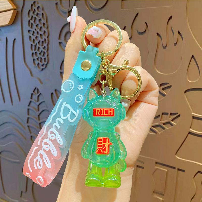 Creative Cartoon Acrylic Crystal Luminous Lucky Cat Keychain Couple Cute Schoolbag Pendant Small Gift
