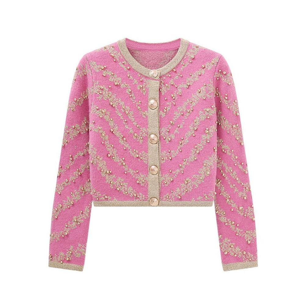 Autumn Winter Sweater Cardigans Women Single Breasted Luxury Beading Striped Casual Knitwear Traf Tops Mujer New In C-187