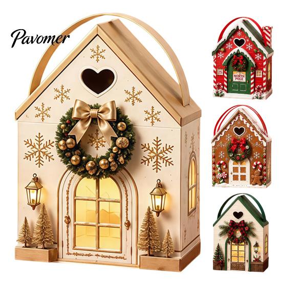 Holiday Treat Containers Christmas House Shaped Candy Boxes with Handles, Festive Cottage And Cookie Packaging for Cookies Party Favors Decorations