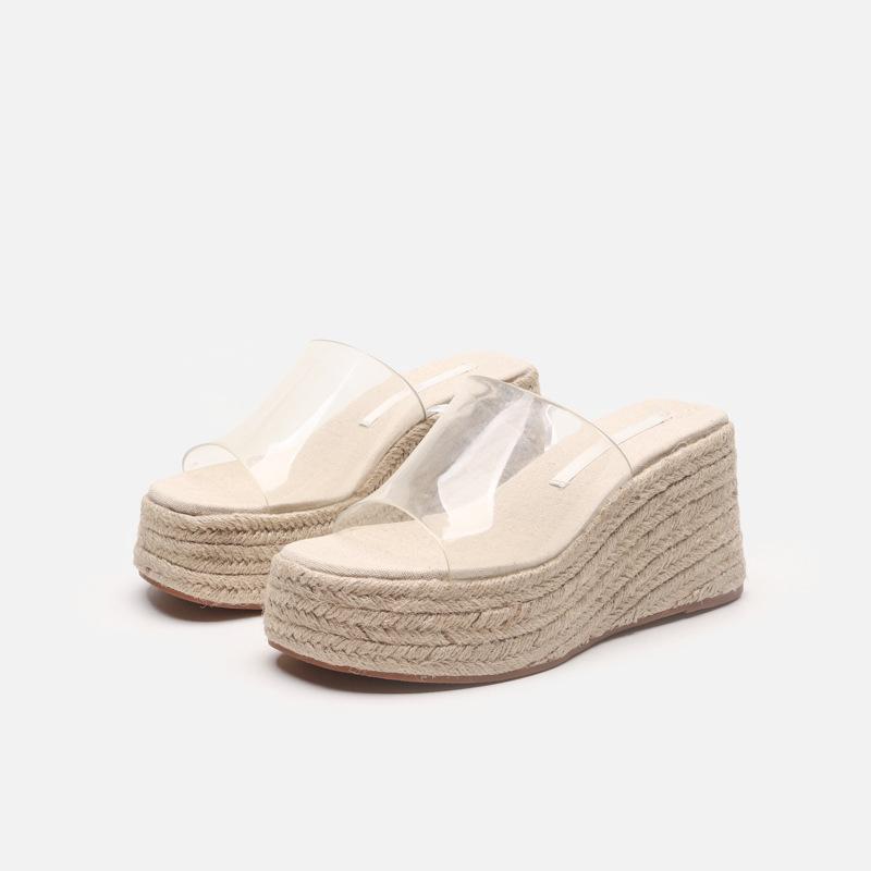 Wedge Heel Sandals Women's New Hemp Rope Sole One Word with Thick Heel Wedge Heel Cool Slippers
