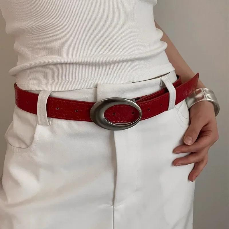 Vintage American Belt Crocodile Lines for Women Men Fashion Pu Leather Punk Metal Buckle Jeans Pants Advanced Red Waist Belts