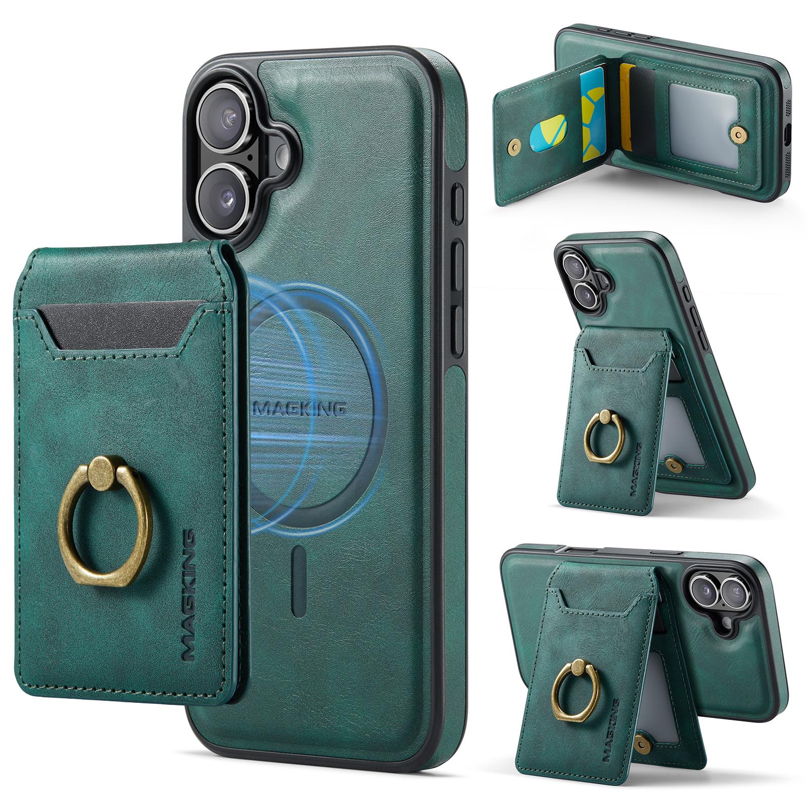 

For iPhone 16 Plus Magnetic Case PC+TPU+PU Phone Cover with Card Holder Kickstand Green