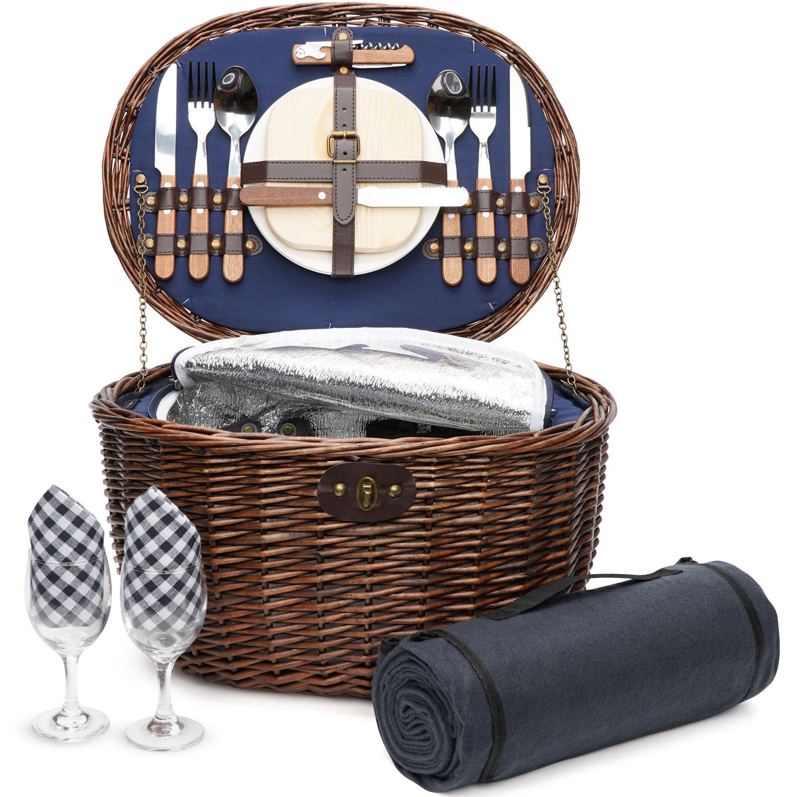 Sturdy Portable Rattan Picnic Basket for Two with Complete Tableware Set & Blanket—Ideal for Beach, Park, Camping. 44x34x23 cm синий