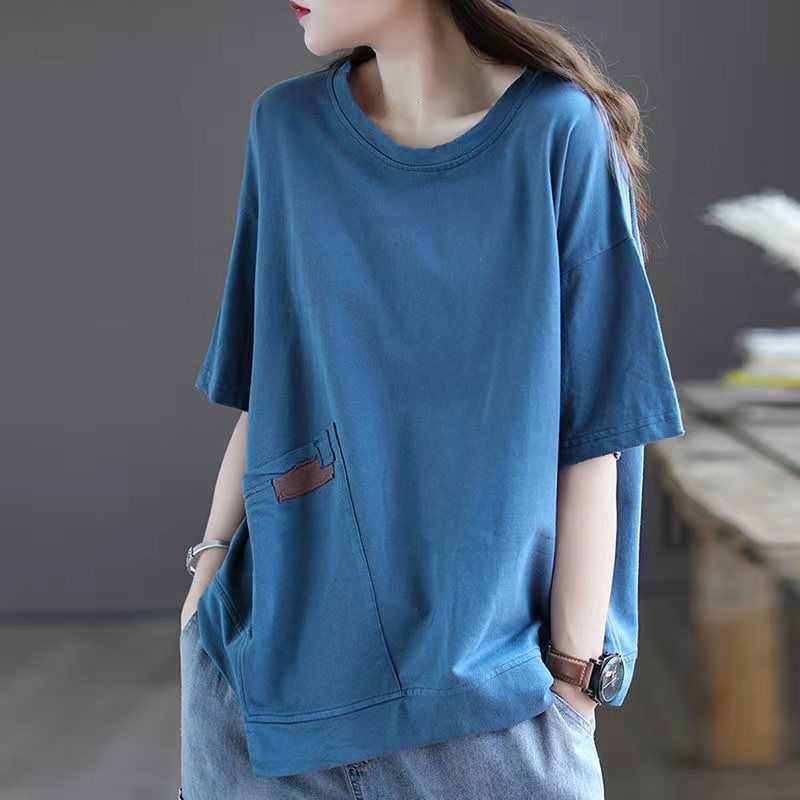 New Summer Loose Round Neck T-shirt for Women's Literary Style Half-sleeved Irregular Patch Top for Women