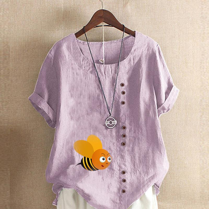Women's Fashion Round Neck Short Sleeve T-shirt Casual Cotton Linen Graphic Shirt Leisure Loose Honeybee Prined Summer Blouse Tops
