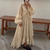 Womens 2026 Loose Fit V-Neck Lantern Sleeve Maxi Dress With Ruffle Hem - Solid Color Casual Style