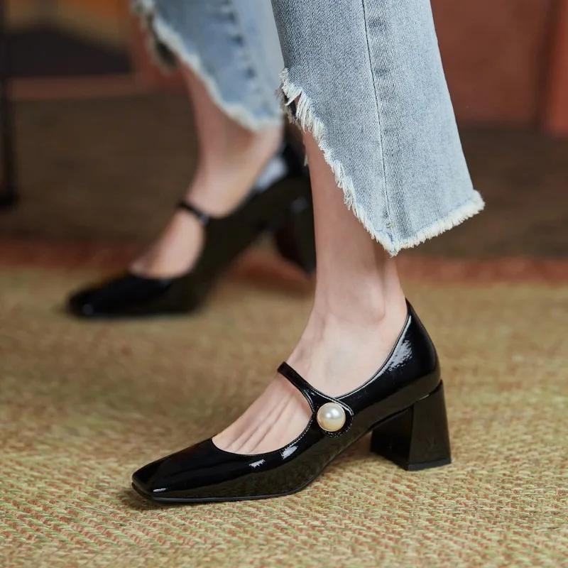 Fashion Retro Thick Heel Leather Pearl Buckle Mary Jane Shoes Ladies Designer Soft Sole Women's High Heels Fashion Casual Pumps Ladies