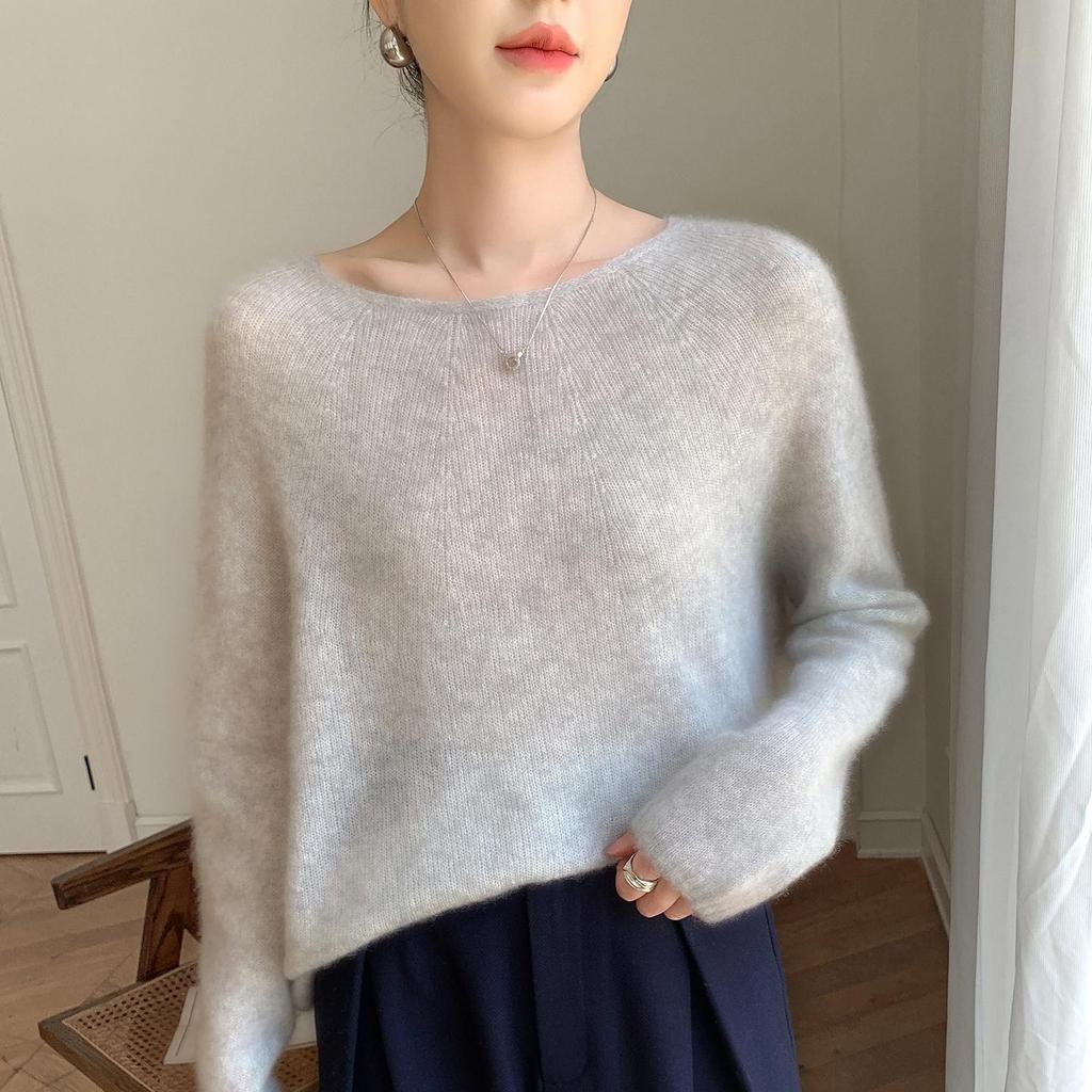 Elegant One-Shoulder Mulberry Silk Cashmere Sweater for Women - Slimming Autumn/Winter Knit Base Layer