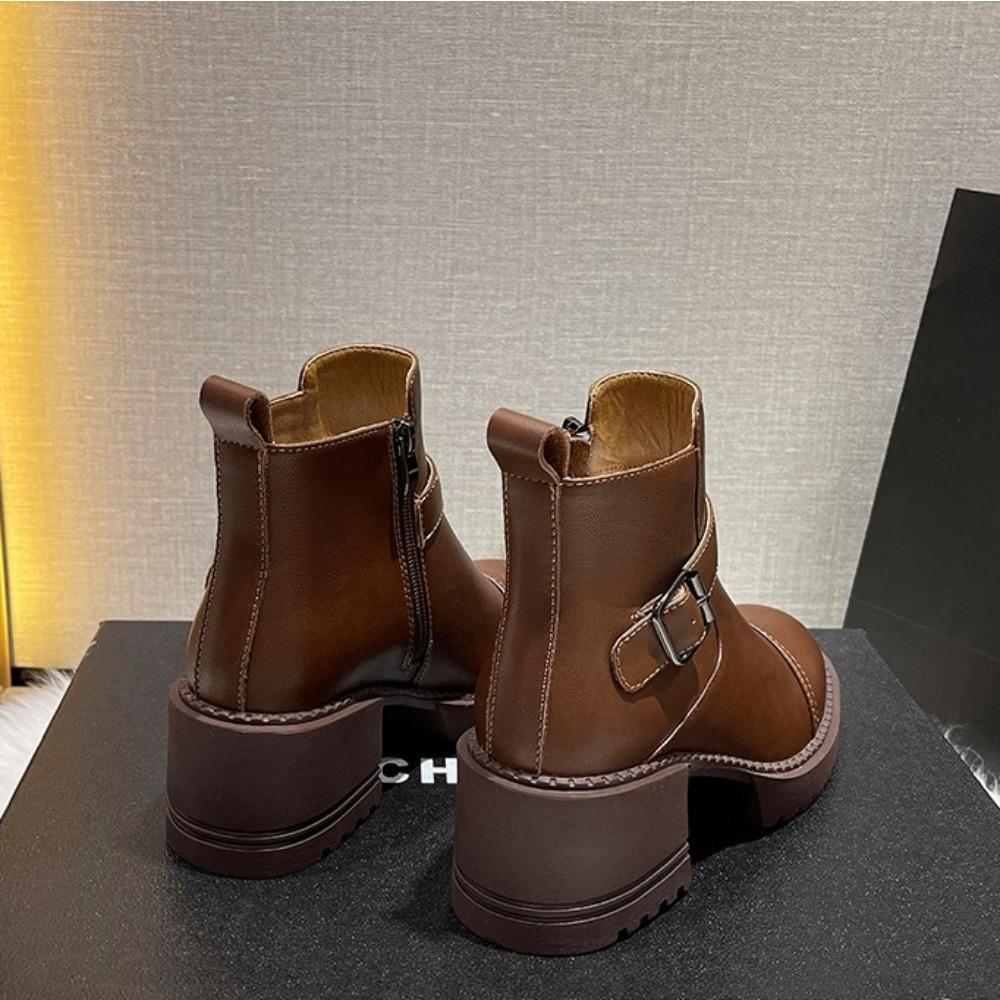 Leather Platform Women's Boots New British High Heels Small Height Increase Thick Heels Short Boots Winter Velvet Shoes Women