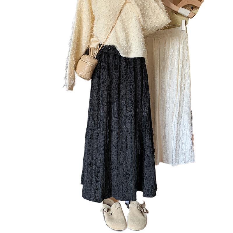 Women's High Waist Lace Patchwork Velvet A-line Skirt - Soft, Comfortable for Spring/Autumn 2025.