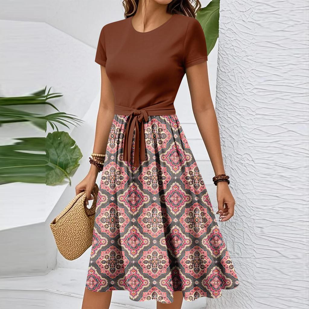 Damen Casual Mode Gürtel Vintage Bedruckt Kurzarm Rundhals Elegantes Kleid