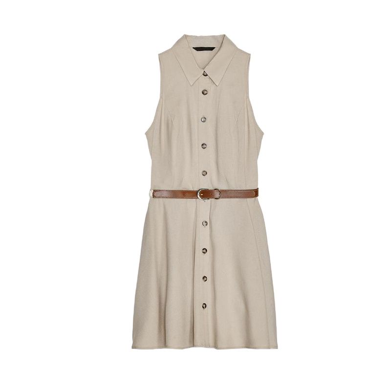 

Summer New Product Women s Clothes French Simplicity Style with Belt Sleeveless round Neck Mini Short Dress 5029114 Beige L