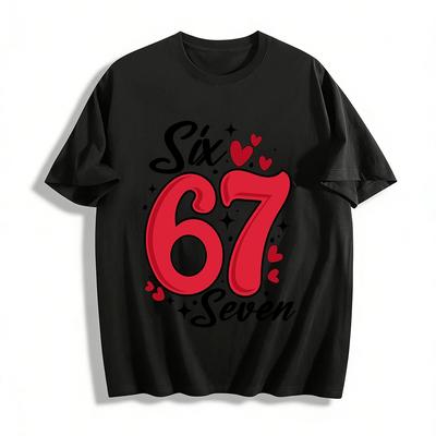 Süßes T-Shirt mit Aufdruck der Zahl 67 Unisex Lässiges Oberteil mit Herzmuster Reines Baumwoll-T-Shirt