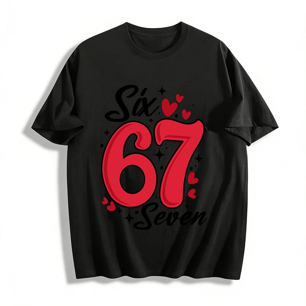 Cute Number 67 Print T-Shirt Unisex Casual Heart Pattern Top Pure cotton T-shirt XXS