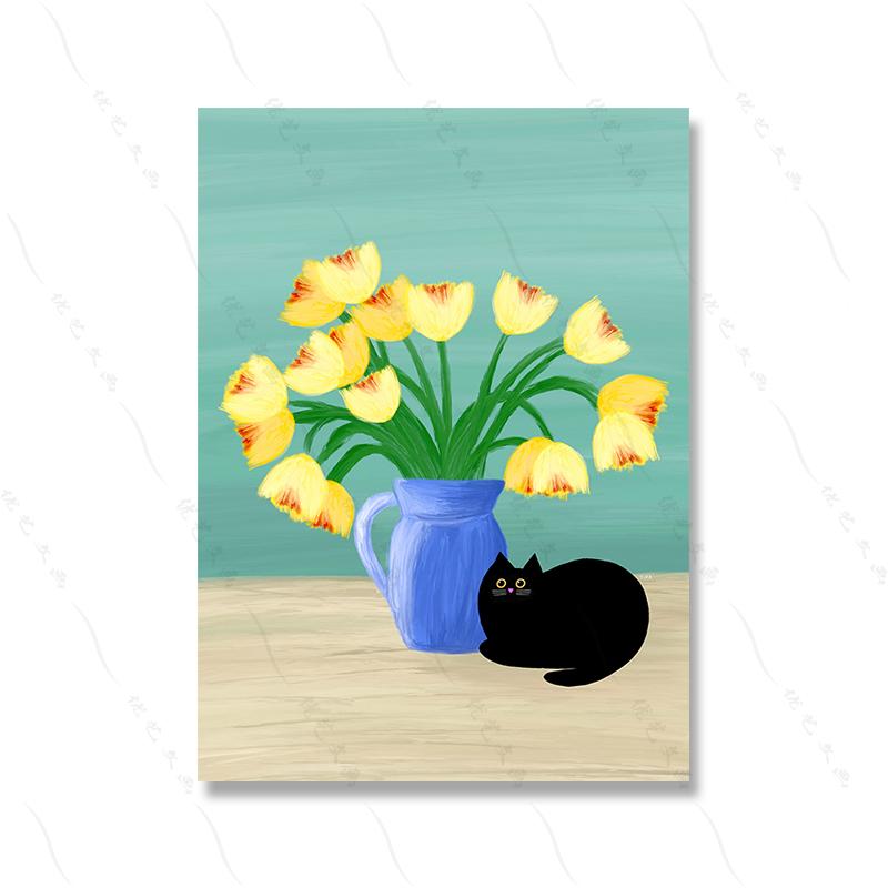 Retro Abstract Black Cat Vase Art Poster Print Pink Tulips Canvas Painting Colorful Pictures Living Kid Room Home Decor Murals