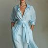 Elegant Lace Up High Waist Long Dress Women Turn Down Collar Hollow Party Dress Spring Sleeve Pocket Maxi Dress