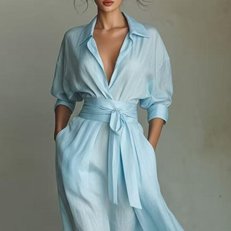 Elegant Lace Up High Waist Long Dress Women Turn Down Collar Hollow Party Dress Spring Sleeve Pocket Maxi Dress