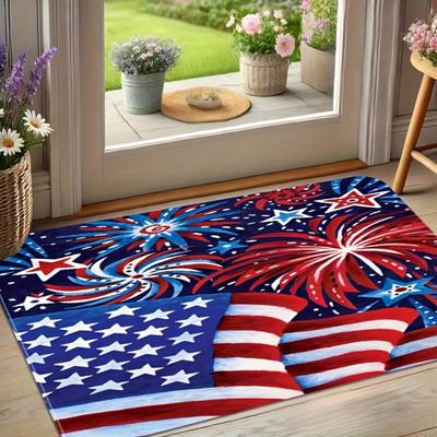 A Patriotic Door Mat Featuring a Independence Day Design with Elements Like The National Flag And Fireworks, Made of Washable