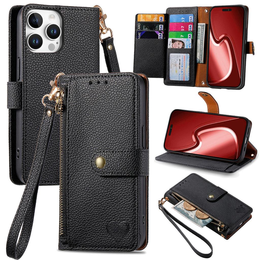 Portafoglio con Laccetto da Polso e Porta Carte, Laccetto a Tracolla, Supporto Integrato, Custodia per Telefono per iPhone 16 15 14 13 12 11 Pro Max Plus Cover