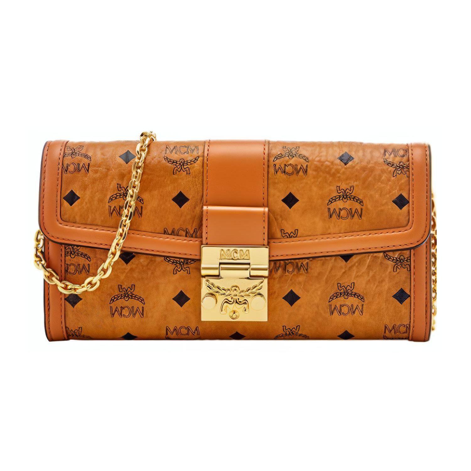 MCM Metalen Logo Monogram Print Ketting Schouderband Gecoat Canvas Met Lederen Afwerking Crossbody Tas Grote Dames crossbody tas Bruin Cognac MYLDSXT01CO001 Basic Set (Bag+Dust Bag)