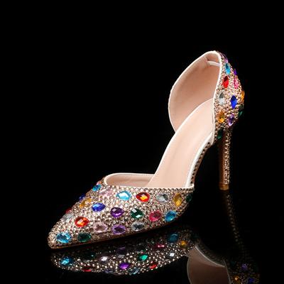 Fashion Bling Luxury Handmade Full Rhinestones Women Pumps Elegant Pointed Toe Colorful Crystal High Heels Fashion Party Bridal Shoes