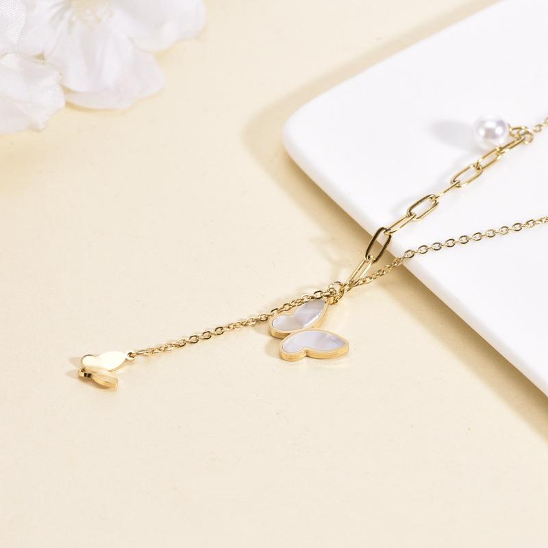 Elegant Seashell & Butterfly Titanium Necklace with Pearl Pendant for Women