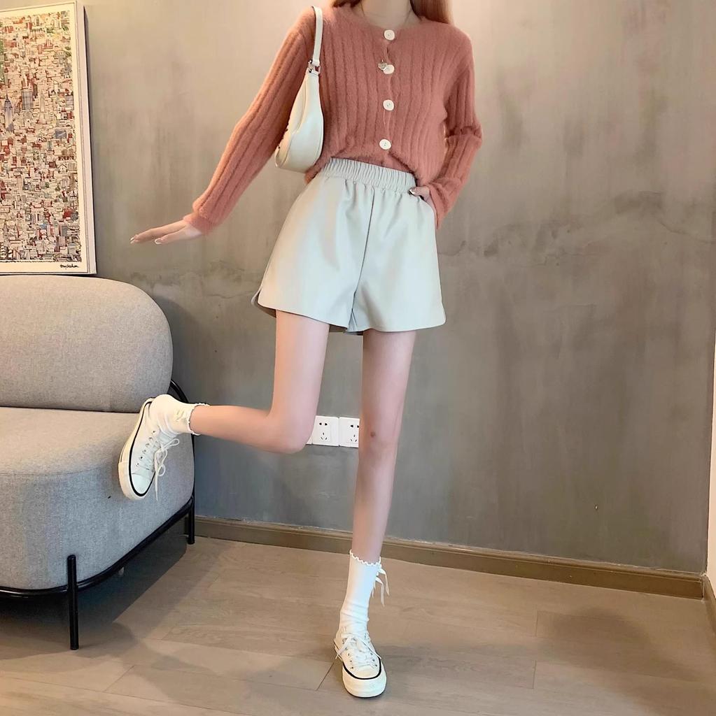 Women's High-Waisted PU Leather A-Line Shorts - Winter 2024, Versatile Wide-Leg Bootcut Pants